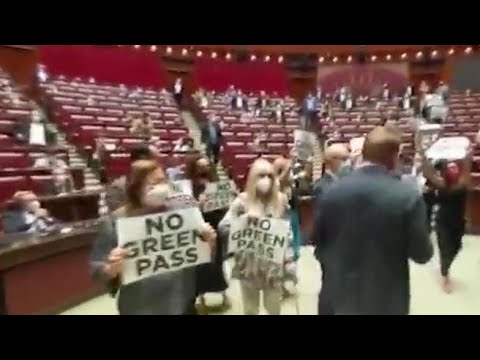 «Green pass», la protesta dei   deputati di Fratelli d’Italia alla Camera: seduta sospesa