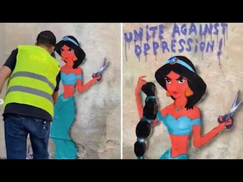 Anche la principessa Jasmine si taglia la lunga treccia di capelli, il murale per Mahsa