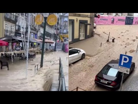 Inondazioni a Oporto in Portogallo, strade sommerse dal fango