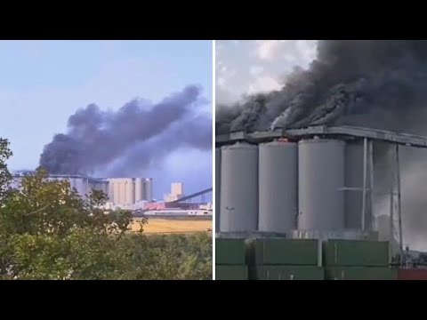 Un vasto incendio è divampato in un silo di grano in un porto commerciale a La Rochelle, in…