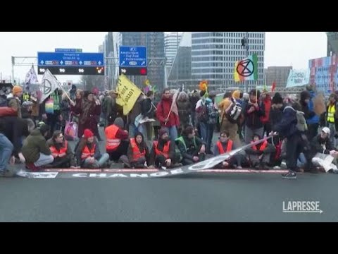 La protesta degli attivisti per il clima ad Amsterdam: bloccano l’autostrada con cartelli…