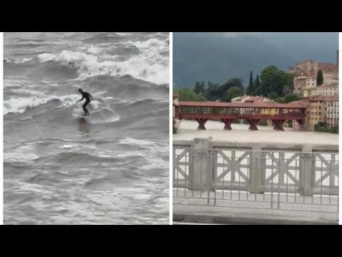 Maltempo a Bassano del Grappa, surf sulle onde del fiume Brenta in piena