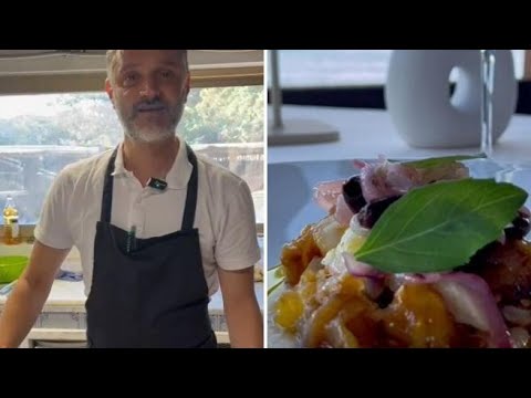 Gola di spigola, crema di sedano rapa, olive taggiasche, cipolla di tropea e pomodori confit