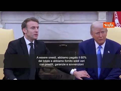 Macron interrompe Trump sugli aiuti Ue a Kiev: “Diamo il 60% del totale, soldi veri”