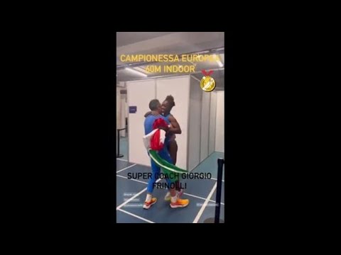 Europei di atletica: Zanyab Dosso, l’abbraccio con il coach Giorgio Frinolli dopo l’oro vinto nei 60