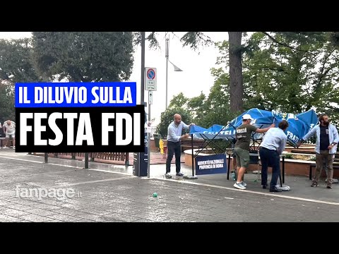 Bufera sulla festa di FdI per i mille giorni di Meloni. Militanti e politici si rifugiano in Chiesa