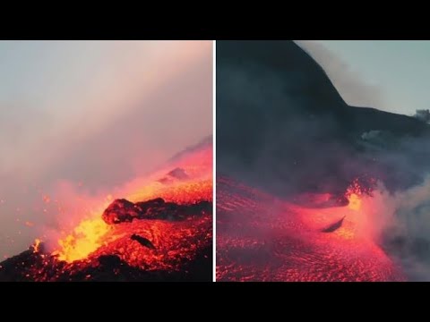 Il drone in volo sopra l’Etna tra crateri e fiumi di lava: le immagini spettacolari