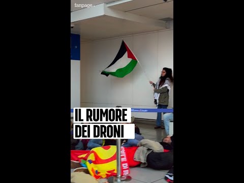 Flash mob a Linate dei pro Palestinesi: risuonano i rumori dei droni usati a Gaza